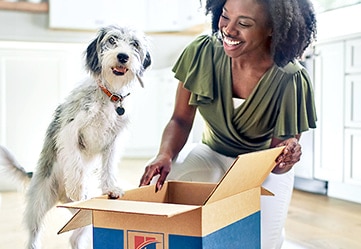 Veterinarian talking to a client about a bagged product